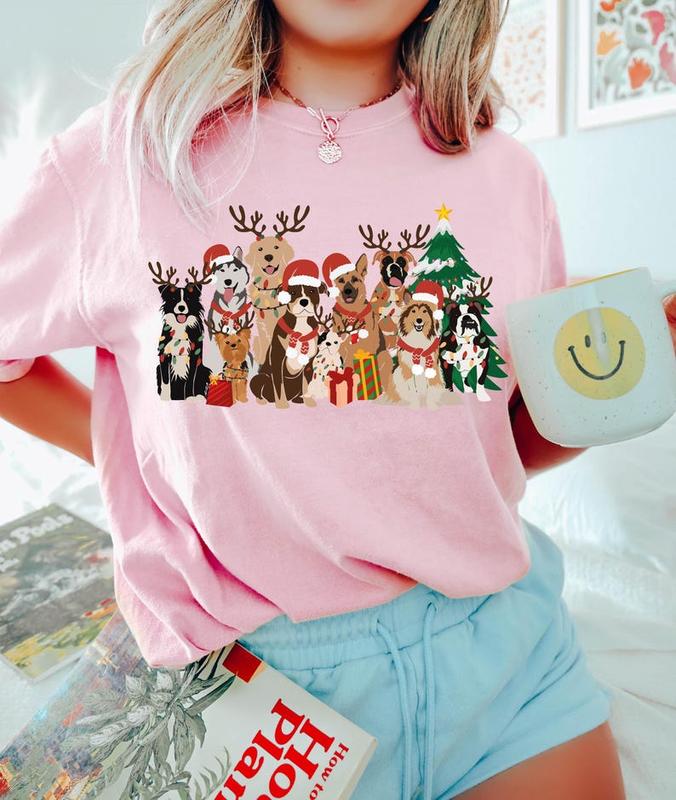 Christmas Dogs Shirt, Dog Lover Christmas Shirt, Holiday Shirt, Christmas Dog Gift, Cute Gift for Dog Lover, Dog Mom Shirt Cotton Tshirt, Casual Round