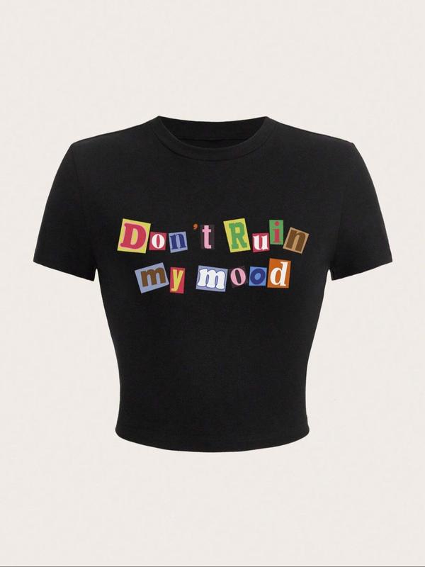 Women's Letter Print Round Neck Crop Tee, Graphic Tees, Casual Short Sleeve Graphic Crop Top for Summer, Fashion Women's Top for Daily Wear