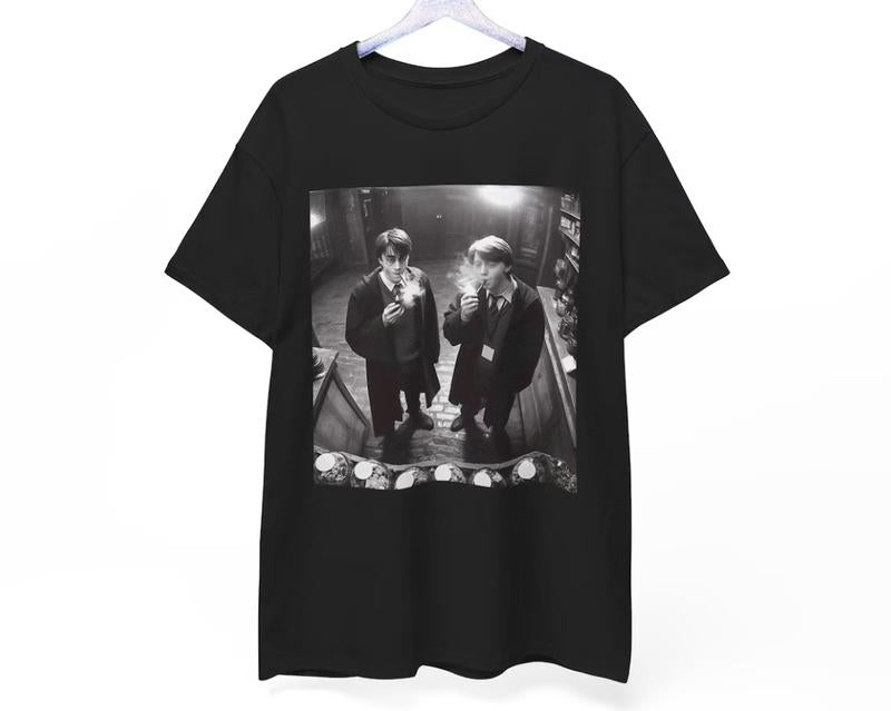 Harry Potter and Ron Weasley Smoking Cigar Vintage Look Funny Meme Shirt, Harty Potter 90s Retro Look Tee, Meme Movie Shirt Casual Round Neck