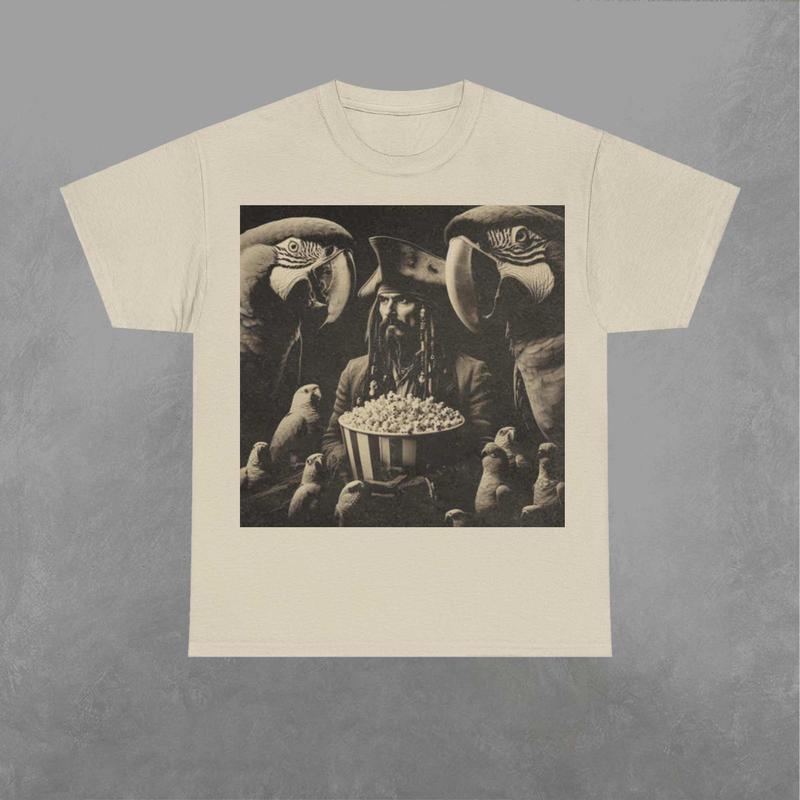 Jack Sparrow and the Parrots Shirt, Jack Sparrow Shirt, Pirates of the Caribbean Crewneck, Movie Graphic Shirt Classic Fabric Menswear