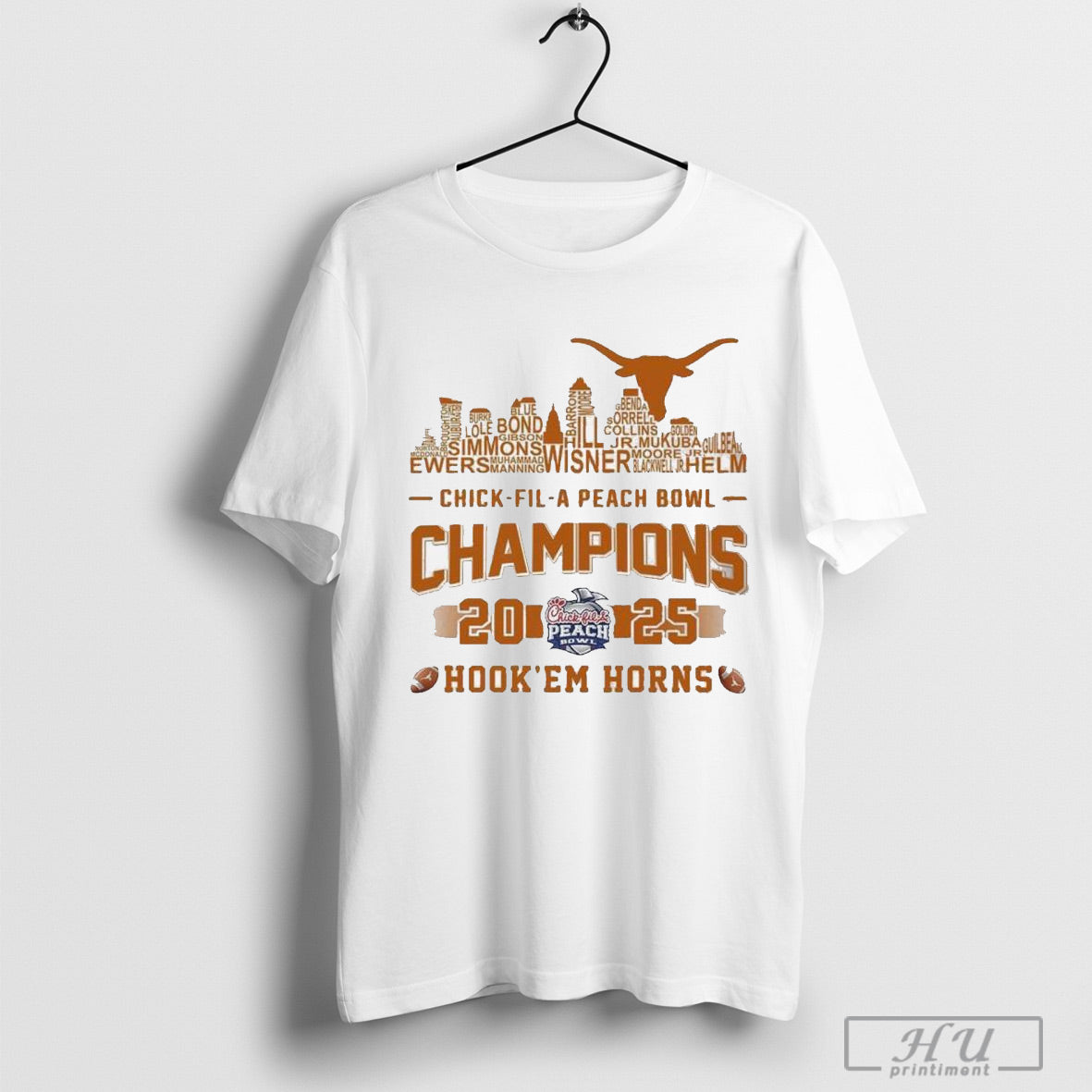 Texas Longhorns Player Name City Skyline Chick Fil A Peach Bowl Champions 2025 Hook Em Horns T Shirt