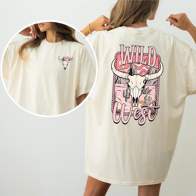 Vintage Bull Skull Wild West Graphic 2-Sided Shirt, Country Cowgirl Tshirt, Western Rodeo Cowboy T-shirt, Cotton Fabric Women's Top, Casual Womenswear
