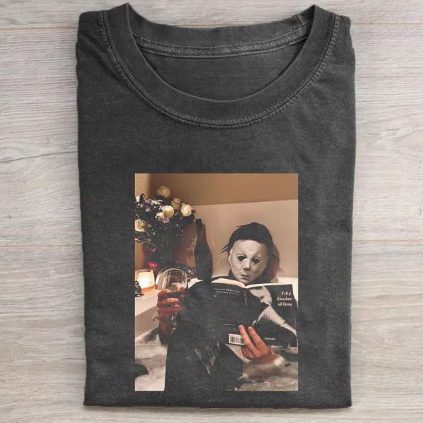 Vintage Halloween Graphic T-shirt, Michael Myers Holding Book and Wine Tee, Horror Movie Shirt, Horror Character, Funny Halloween Shirt, Unisex T-Shir
