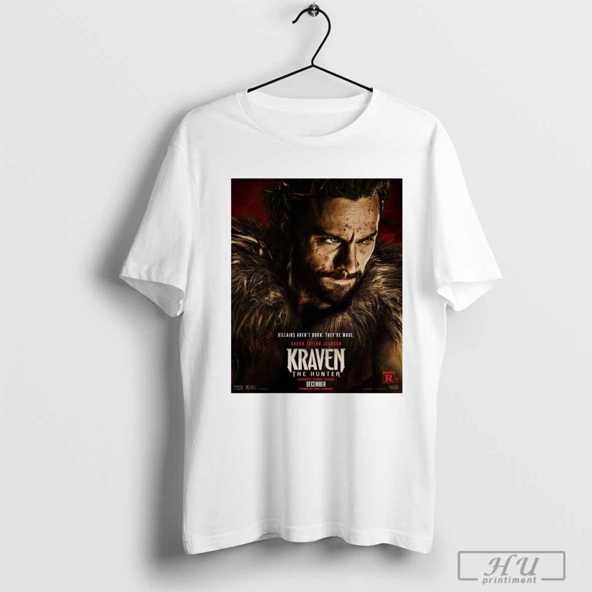 Official Marvel Villains aren’t born, They’re made, Aaron Taylor-Johnson Baltimore Kraven The Hunter December 2024 Movie Poster T-shirt