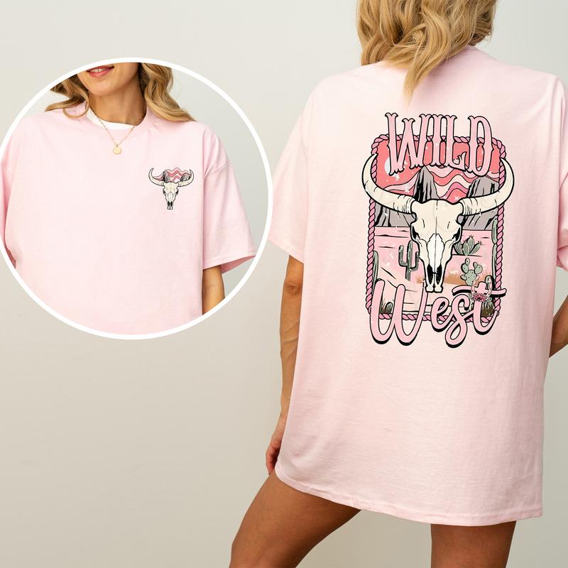 Vintage Bull Skull Wild West Graphic 2-Sided Shirt, Country Cowgirl Tshirt, Western Rodeo Cowboy T-shirt, Cotton Fabric Women's Top, Casual Womenswear