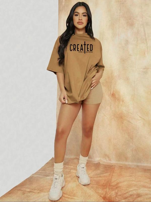 Women's Letter Graphic Print Crew Neck Tee, Fashion Drop Shoulder Short Sleeve T-shirt, Comfort Graphic Tees, Vintage Graphic Tees, Summer Clothes for