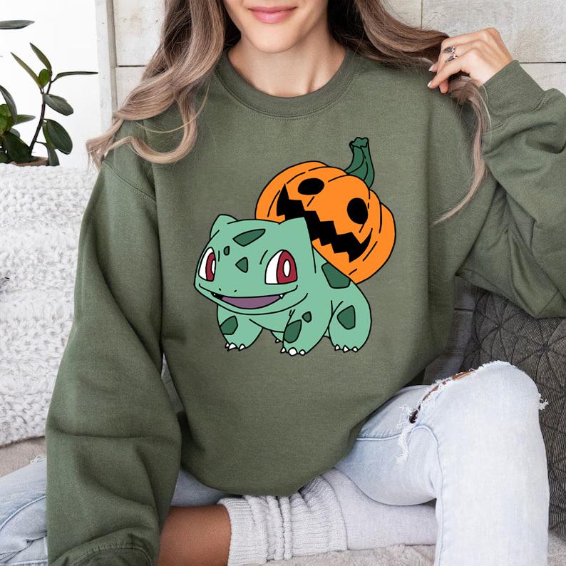 Bulbasaur Pumpkin Sweatshirt, Bulbasaur Sweatshirt, Pokemon Pumpkin Sweatshirt, Halloween Sweatshirt, Pumpkin Monster Sweatshirt, Gengar Japan Anime S