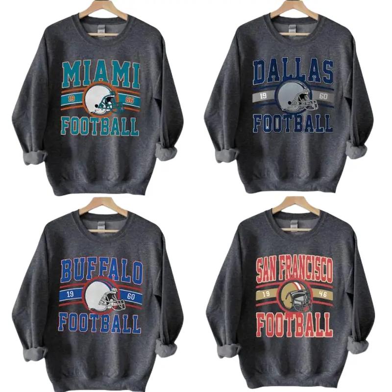 Vintage Dark Heather Color All Team Football Sweatshirt with Big Words Logo and Graphic Sweatshirt for Football Fans, Casual Round Neck