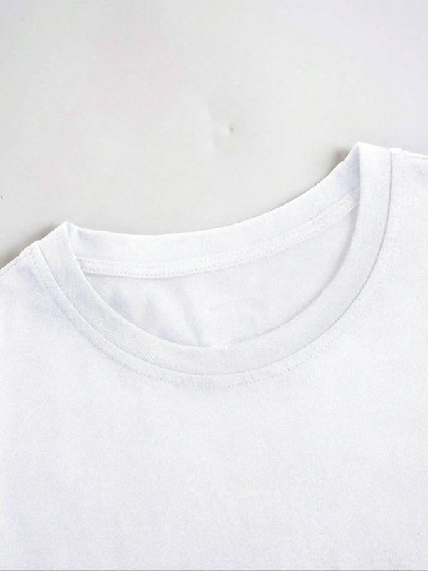 Women's Letter Print Drop Shoulder Tee, Summer Clothes Women,Â Casual Fashion Round Neck Half Sleeve T-Shirt for Daily Holiday Vacation Outdoor Wear, W