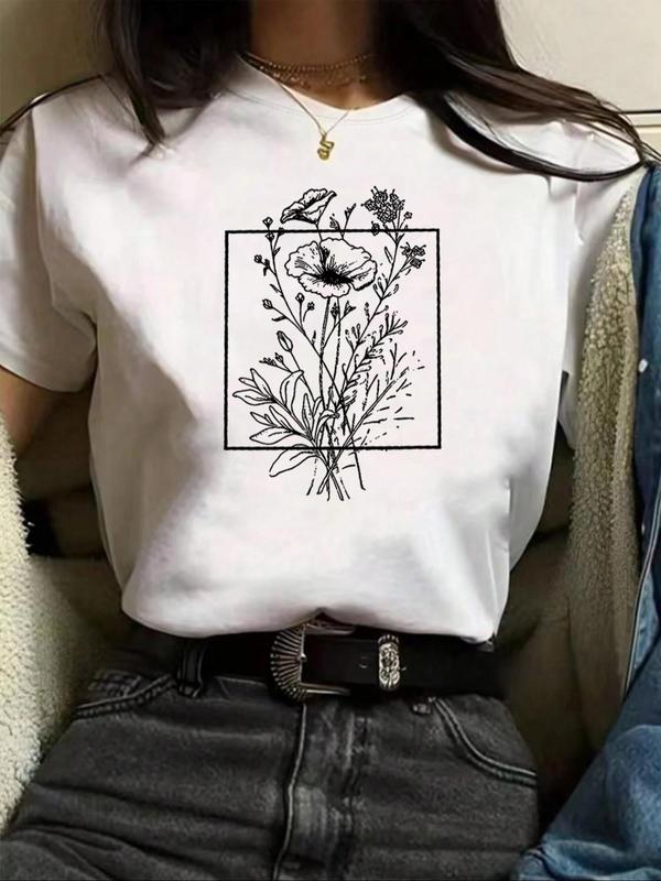 Women's Back To SchoolÂ Floral Print Drop Shoulder Tee, Summer Clothes Women,Â Casual Half Sleeve Round Neck T-Shirt for Summer, Summer Outfits, Graphic
