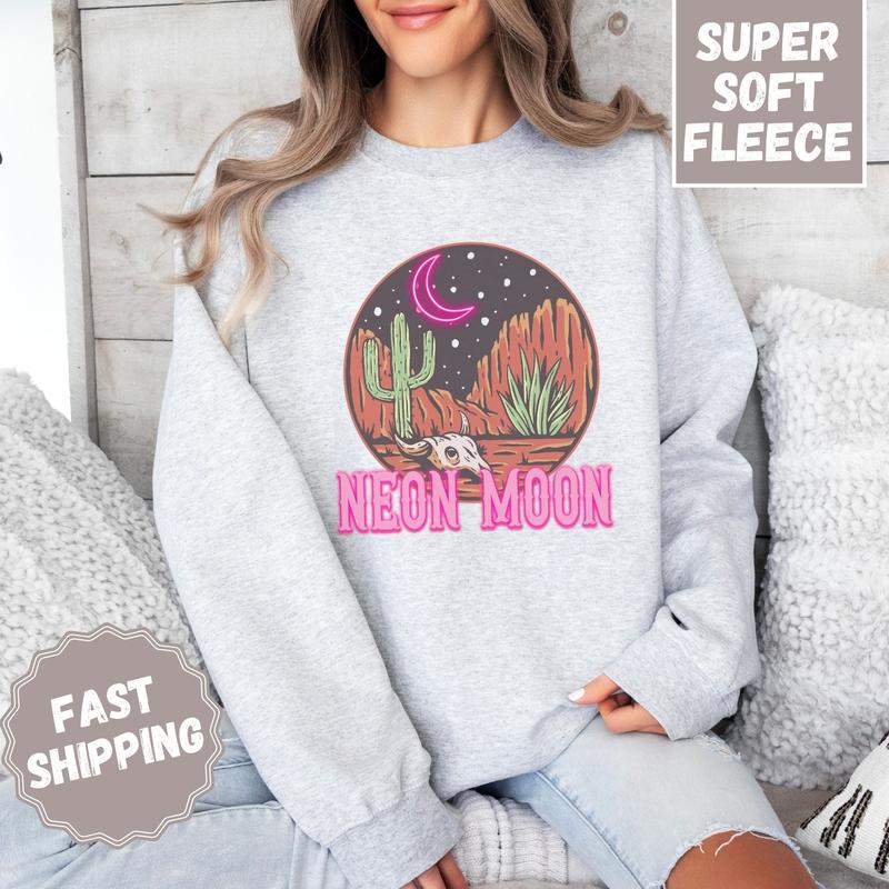 Neon Moon Crewneck Sweatshirt, Womenswear Soft Printed Sweatshirt, Country Music Cozy Oversized Fleece Long Sleeve