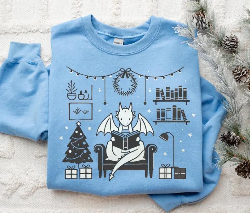 Mystical Bearded Dragon Reading A Book Christmas Sweater, Holiday Dragon Sweatshirt, Cute Dragon Apparel, Dragon Lover Gift, Winter Book