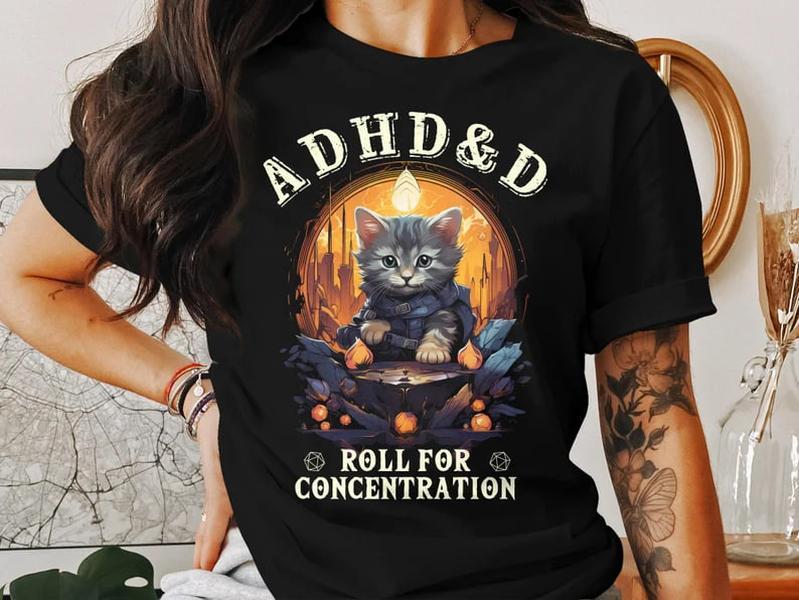 ADHD&D Roll for Concentration Sweatshirt,  ADHD&D Cat Shirt, Dungeons and Dragons Dnd T-shirt, DnD Vintage Tee, ADHD Unisex shirt, DnD Shirt, RPG Gift