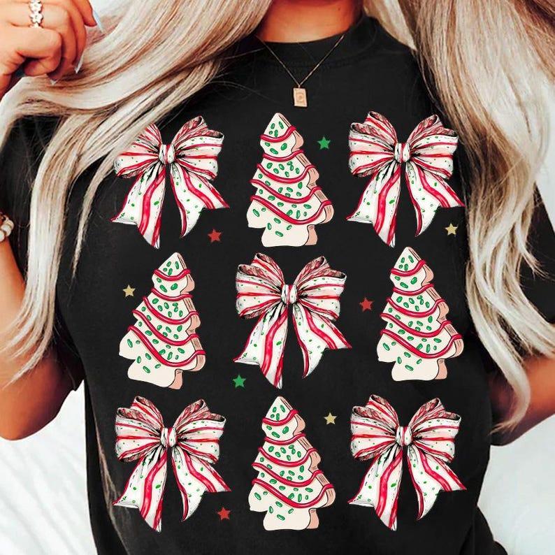 Coquette Christmas Tree Cake T-shirt, Christmas Bow T-shirt, Christmas Tree T-shirt, Retro Holiday T-shirt, Merry Christmas T-shirt, Girly Christmas T