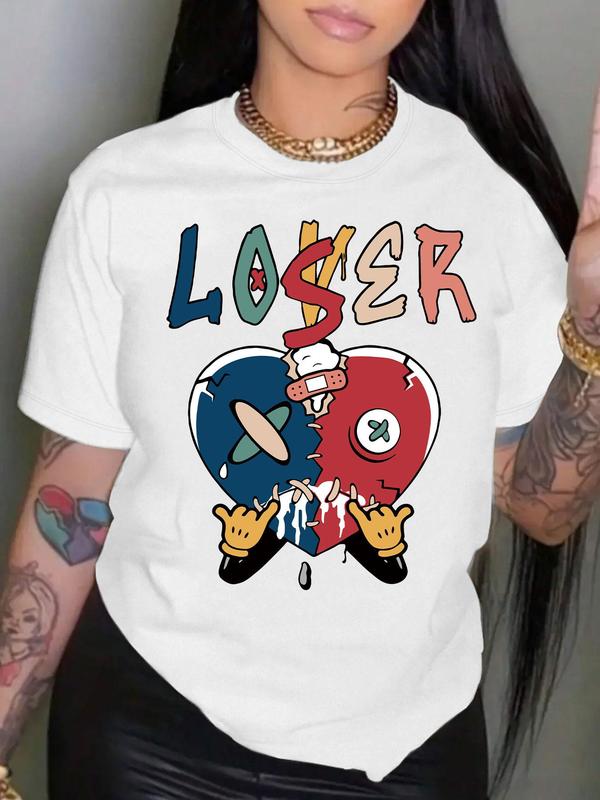 Women's Cartoon Heart Print Round Neck Short Sleeve Tee, Casual Letter Print Crew Neck T-shirt, Graphic Tees, Summer Outfits 2024, Summer Clothes, Sum