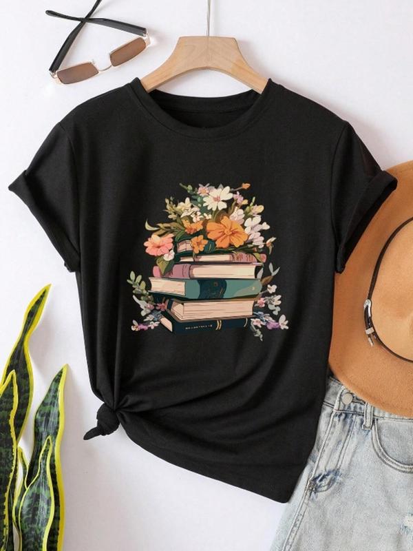 Women's Floral & Book Print Short Sleeve Tee, Summer Clothes Women, Graphic Tees,Â Casual Round Neck T-Shirt for Summer, Women's Top for Daily Wear, Su
