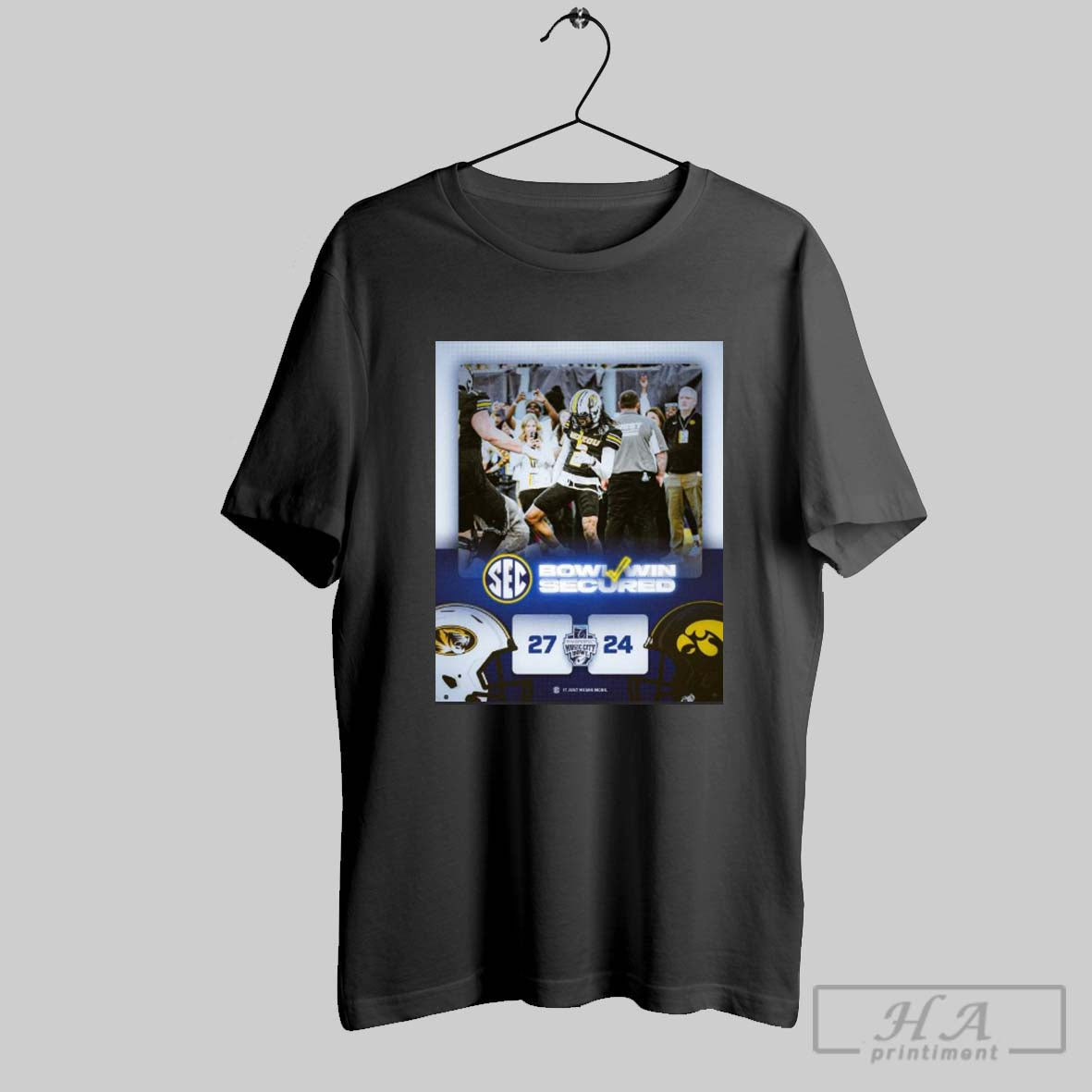 Official Poster Missouri Tigers Vs Iowa Hawkeyes 27 24 Score 2024 Transperfect Music City Bowl Football Champs It Just Means More T Shirt