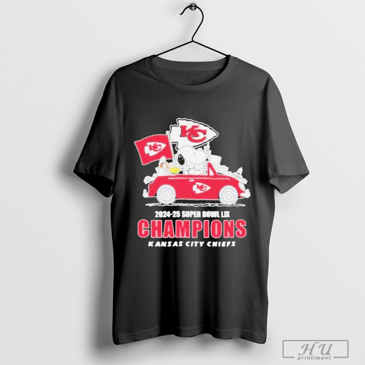 Trendy Snoopy And Woodstock Driving Car Kansas City Chiefs 2024 2025 Super Bowl Lix Champions T Shirts