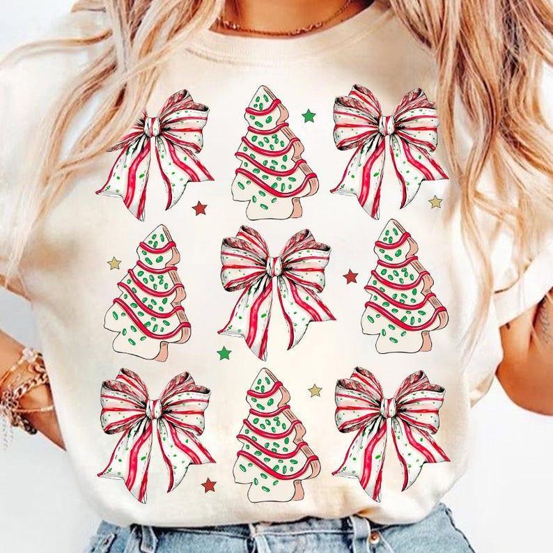 Coquette Christmas Tree Cake T-shirt, Christmas Bow T-shirt, Christmas Tree T-shirt, Retro Holiday T-shirt, Merry Christmas T-shirt, Girly Christmas T