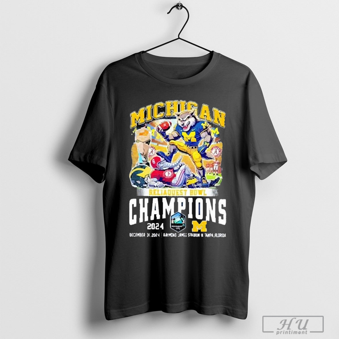 Trendy Michigan Wolverines Alabama Crimson Tide Reliaquest Bowl Champions 2025 Mascot T Shirt