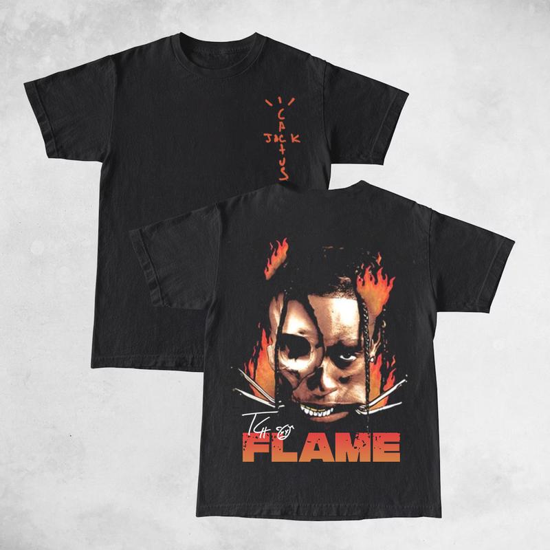 Travis La Flame Fire Skull Double Sides Front And Back Premium Cotton T-Shirt Cotton Unisex Shirt Rap Shirt Rapper Rap Tee Hiphop Shirt Music Tour Mer