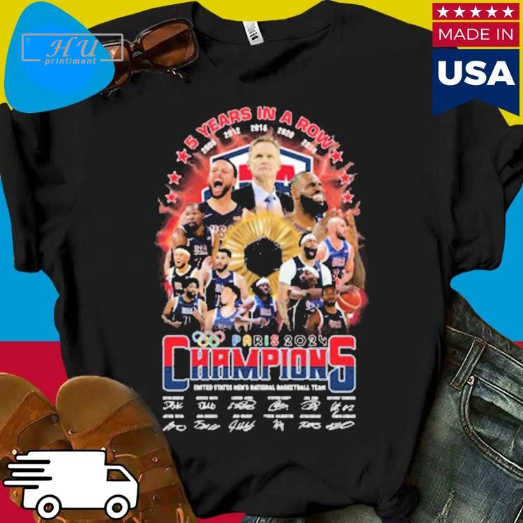 USA National Basketball Team 2024 5 Years in A Row Champions Signatures T-shirt