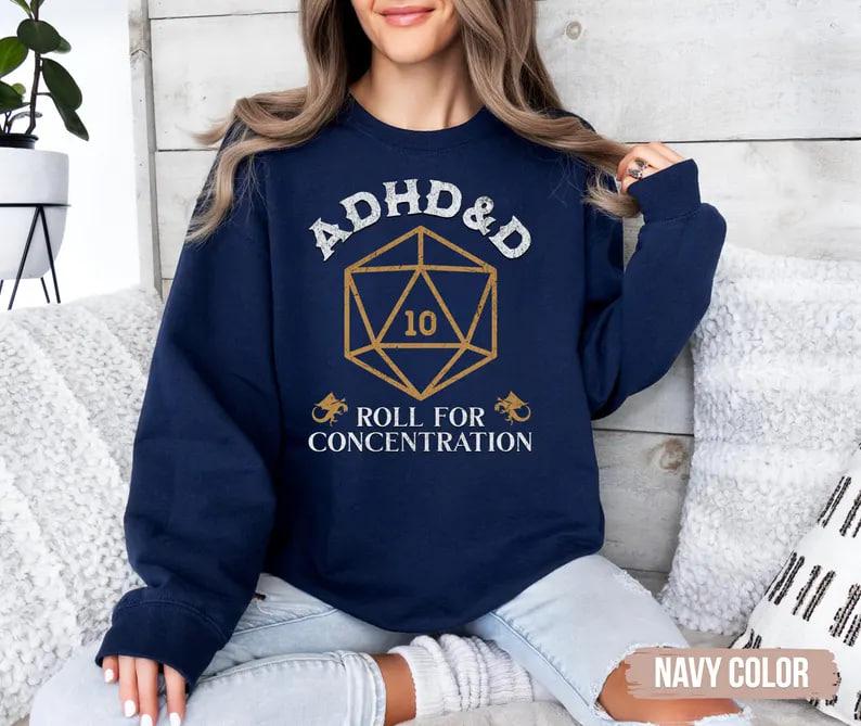 ADHD&D Roll for Concentration Sweatshirt, Dungeons and Dragons T-shirt, DnD Vintage Tee, ADHD shirt, DnD Shirt, RPG Gift, Dungeons Master Sweatshirt