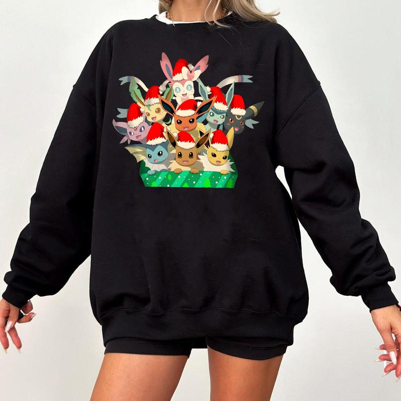 Eevee Evolutions Christmas Sweatshirt Hoodie, Pokemon Christmas Sweater, Eevee Xmas Sweater, Sylveon, umbreon, Espeon, Flareon Anime, Anime Sweatshirt
