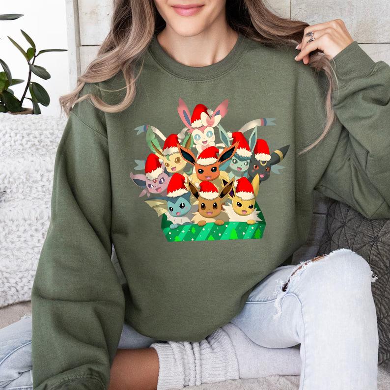 Eevee Evolutions Christmas Sweatshirt Hoodie, Pokemon Christmas Sweater, Eevee Xmas Sweater, Sylveon, umbreon, Espeon, Flareon Anime, Anime Sweatshirt