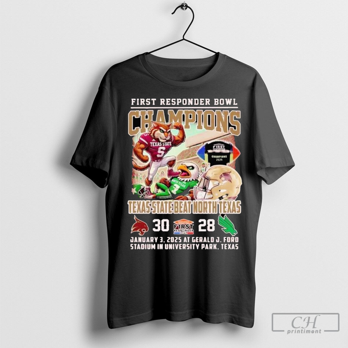 Texas State Bobcats Beat North Texas Mean Green First Responder Bowl Champions Mascot Shirt