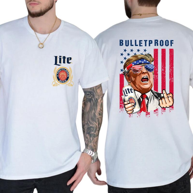 2-Side Miller Lite Beer Bulletproof TShirt, Funny Tee, Gift For Men, Casual Menswear, Classic Cotton Top, Soft Fabric Shortsleeve Shirt