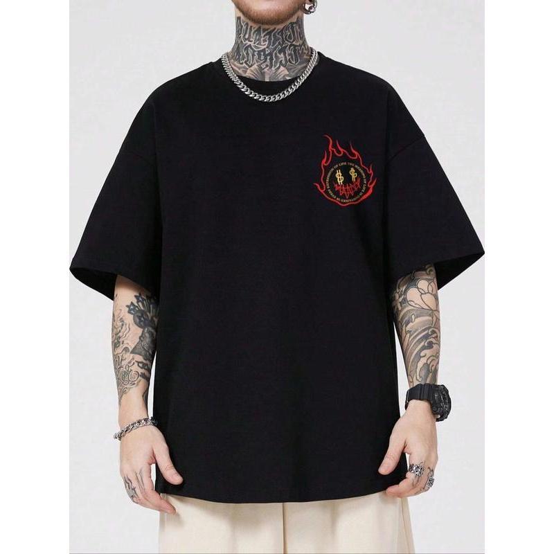 2 Sided Casual men's top for daily wear featuring a cartoon graphic print, round neck, and drop shoulder design in loose summer fashion, T-Shirt, Swea