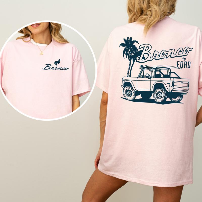 Vintage NDC Ford Bronco Graphic 2-Sided Shirt, Unisex Summer Beach Scene T-Shirt, Driving Tshirt for Men, Soft Cotton Fabric Top, Casual Womenswear
