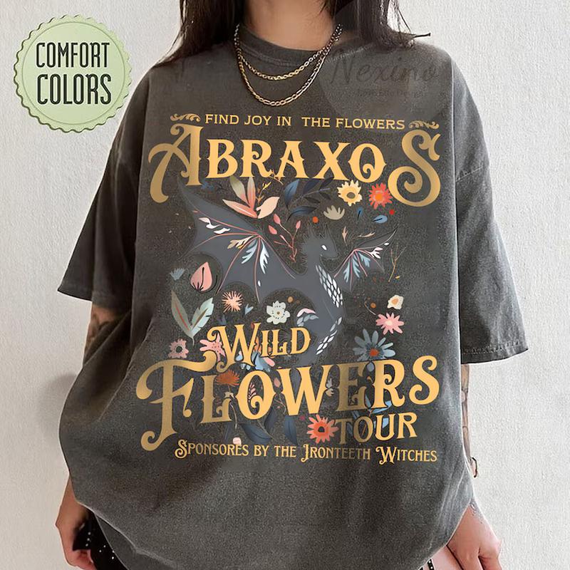 Abraxos Flower Fantasy Bookish Shirt, Boho Wildflowers Cottagecore Design Tee, Dragon Book Lover Gift, Unisex Cotton Top Casual Wear