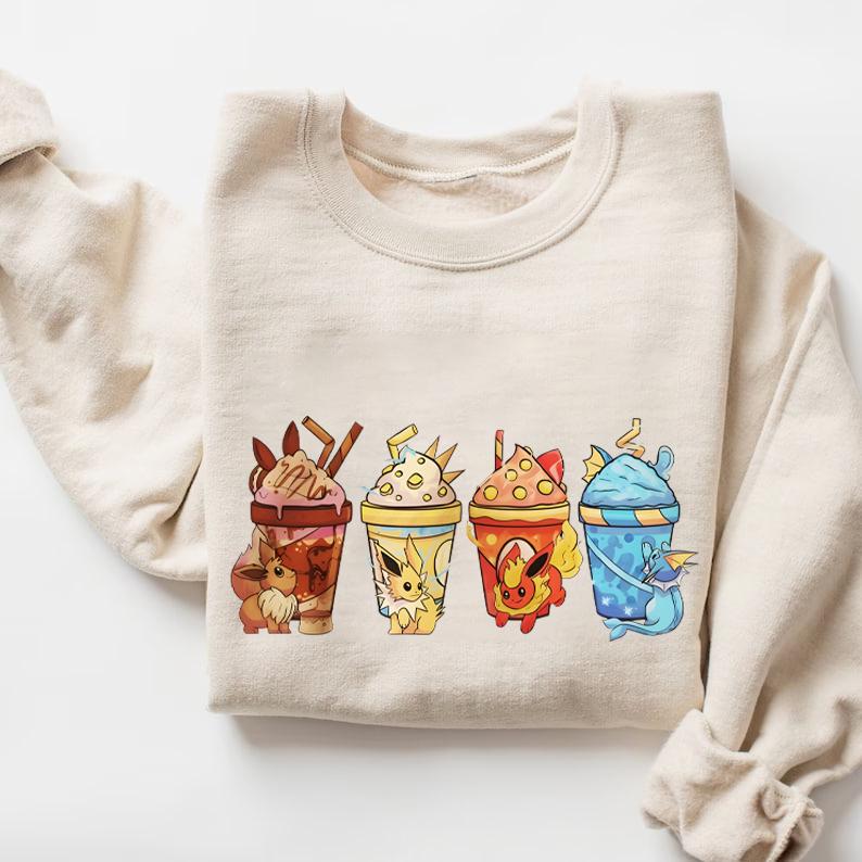 Eevee Eeveelution Tee, Coffee Sweatshirt Hoodie Graphic T-shirt, Slyveon, umbreon, Espeon, Flareon Anime, Anime Sweatshirt, Pokemon Silhouette Sweatsh