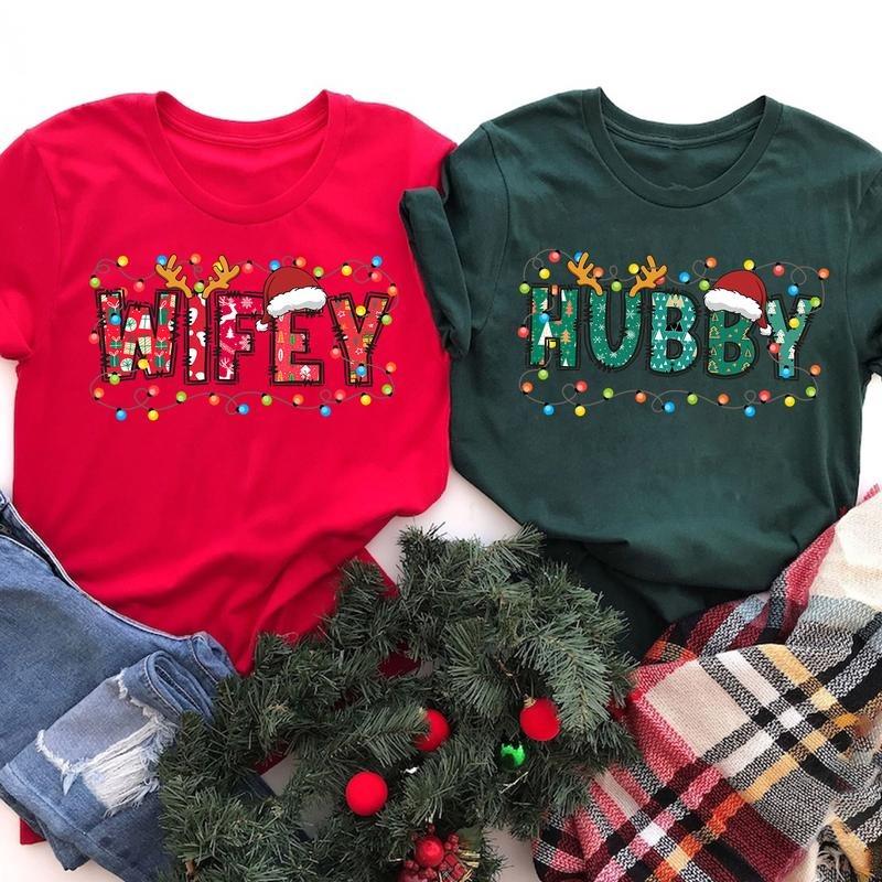 Christmas Wifey Hubby Shirt, Couple Costume 2024 Xmas T-Shirt, Matching Christmas for Husband Wife, Holiday Party Tee, Unisex Cotton Top