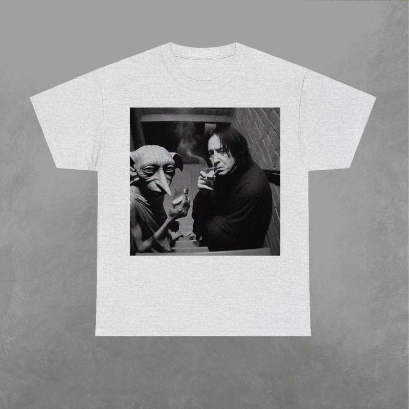 Snape and Dobby Smoking on Stairs Shirt, Dobby Sweatshirt, Wizard House Shirt, Wizarding Fan, Retro Funny Movie Graphic Shirt Classic Fabric