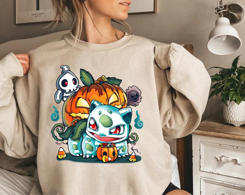 Bulbasaur Pumpkin Sweatshirt, Pokemon Pumpkin Sweatshirt, Halloween Sweatshirt, Spooky Pumpkin Monster Sweatshirt, Gengar Japan Anime Sweatshirt, Hand
