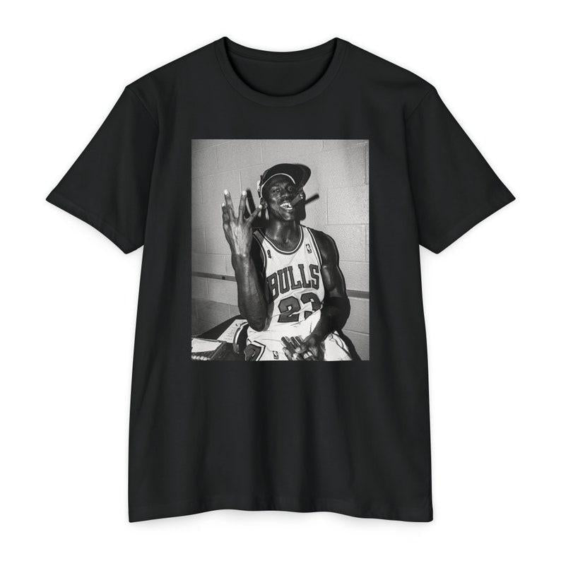 4-TIME CHAMP Michael Jordan Celebrating and Smoking a Cigar After his Fourth NBA Championship T-Shirt, Black & White Graphic T-Shirt
