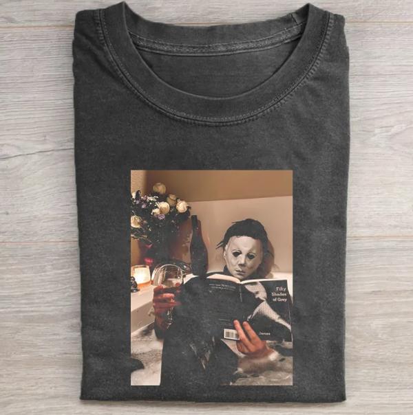 Vintage Halloween Graphic T-shirt, Michael Myers Holding Book and Wine Tee, Horror Movie Shirt, Horror Character, Funny Halloween Shirt, Unisex T-Shir