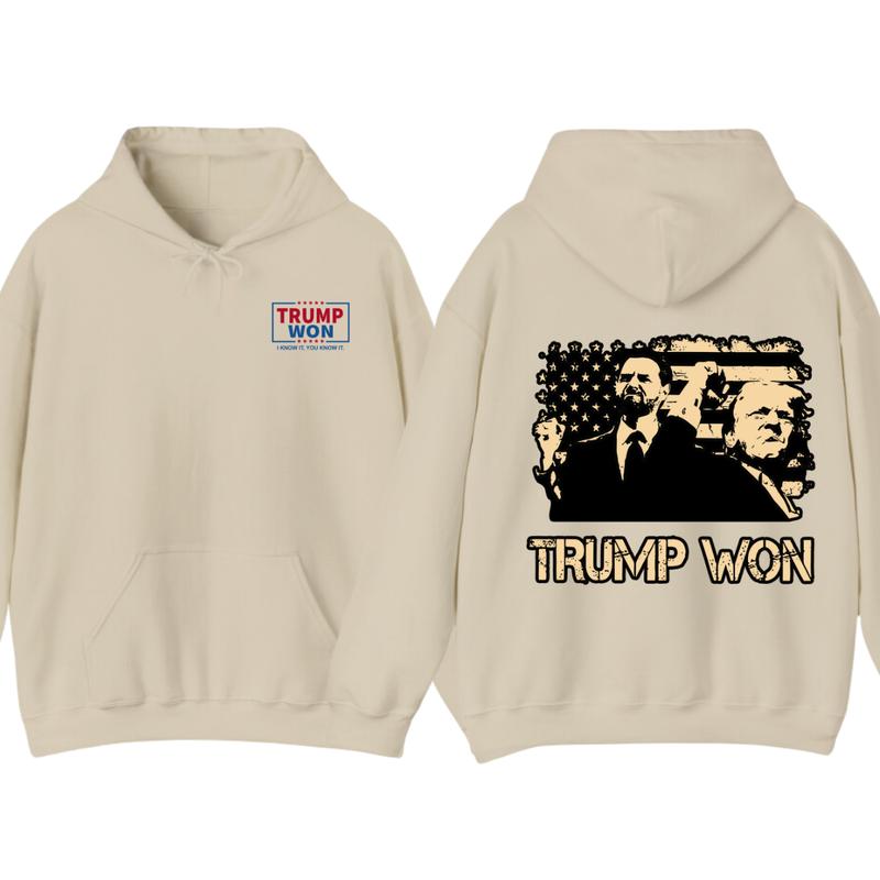 Trummp Won Hoodie - Trendy with Bold Distressed Graphic of Trummp and American Flag, Unisex Political Apparel for Supporters