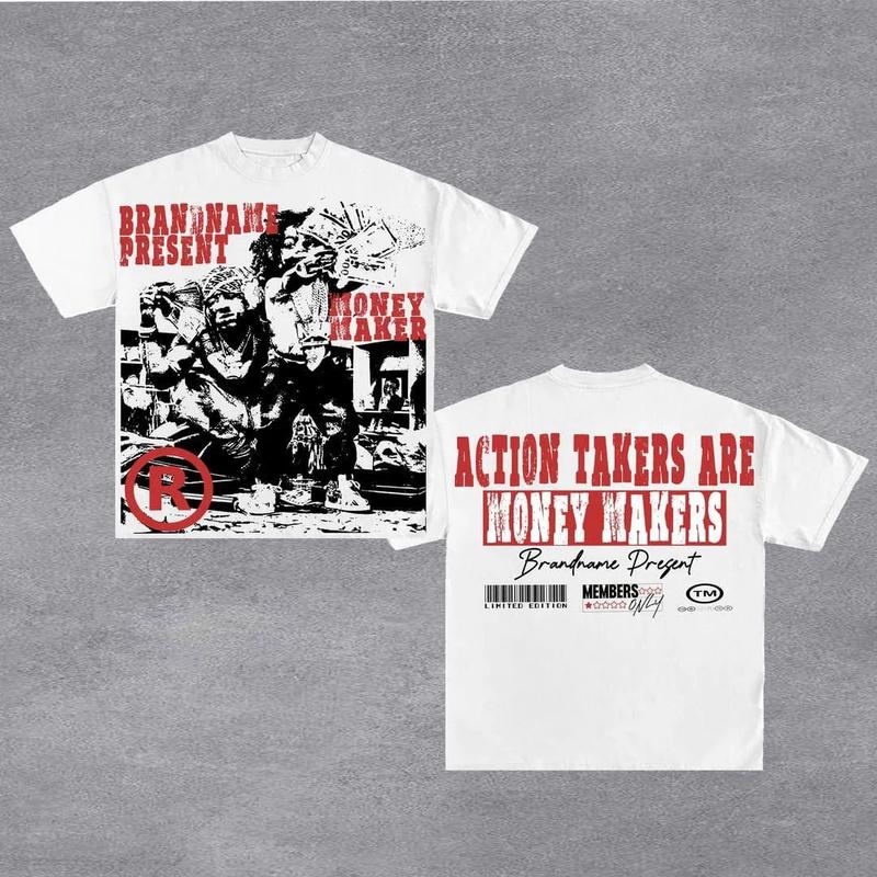 Y2K Graphic Action Takers Are Money Makers Personalize Printed Tshirt Casual Cotton