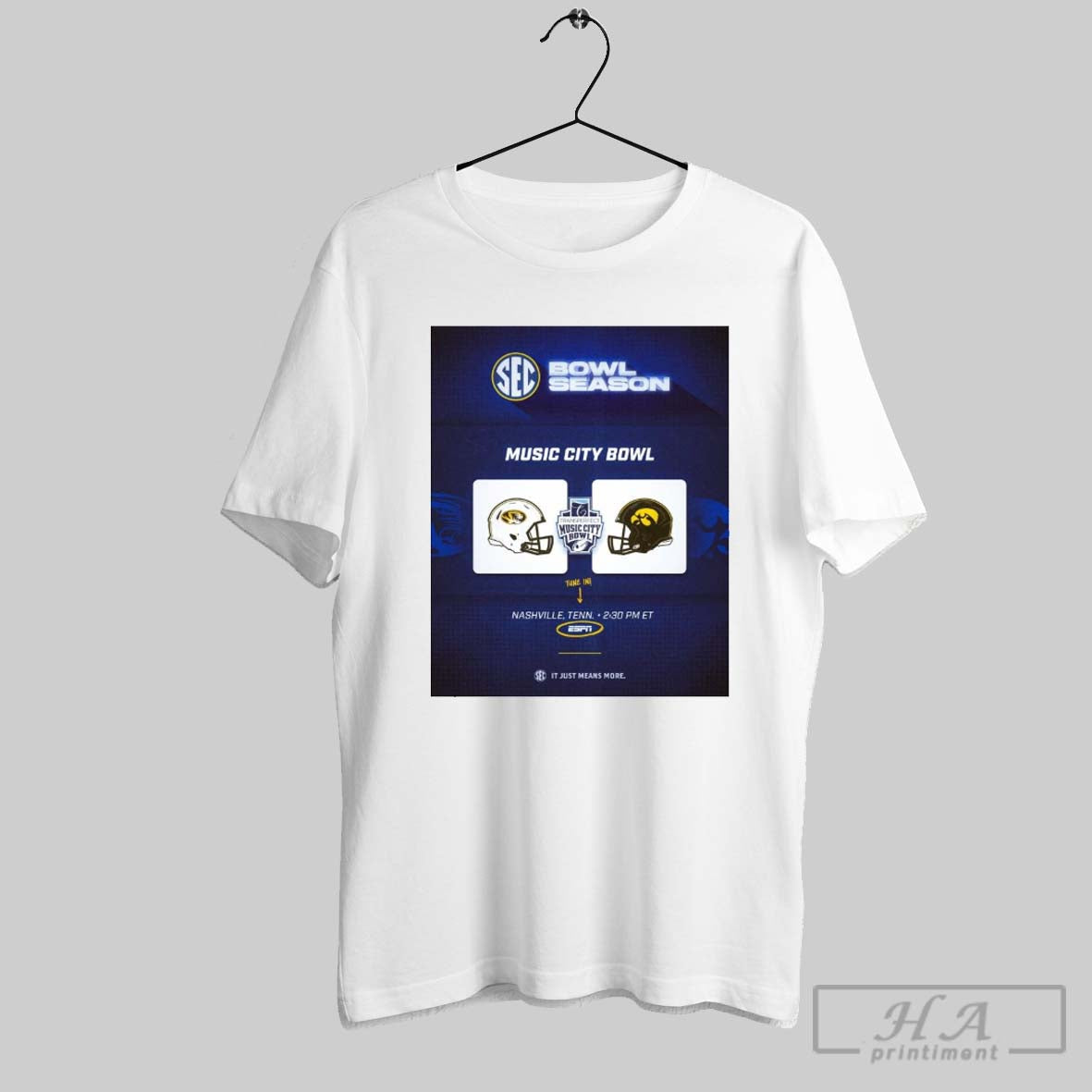 Official Poster Missouri Tigers Vs Iowa Hawkeyes 2024 Transperfect Music City Bowl Football Champs Nashville Tenn It Just Means More T Shirt