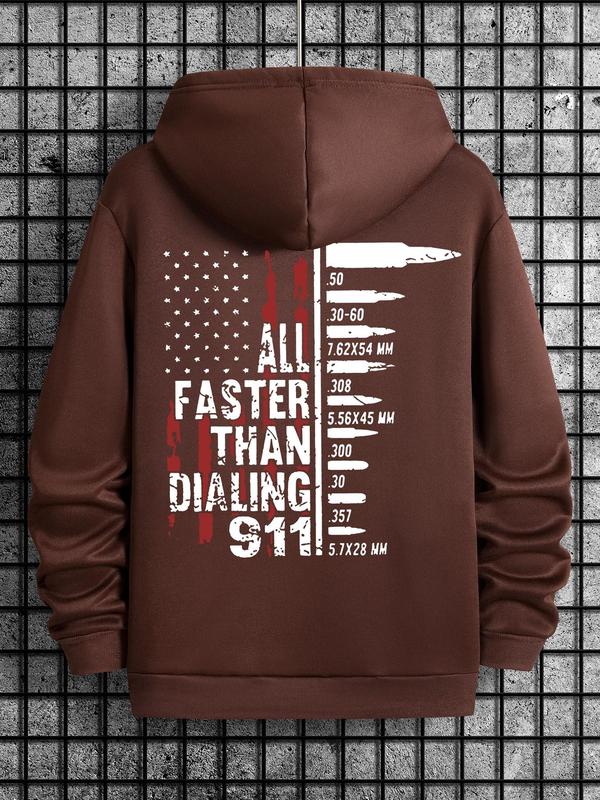 Men's Letter & Flag Print Drop Shoulder Graphic Hoodie, Casual Regular Fit Drawstring Sweatshirt for Holiday Wear, Spring & Fall Fashion