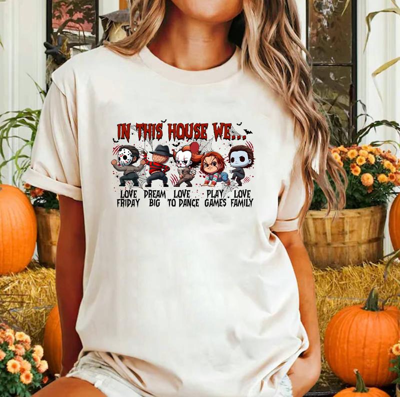 In This House We Shirt, Funny Halloween Shirt, Retro Halloween Shirt, Funny Pumpkin Hoodie Design, Horror Movie Killers Shirt