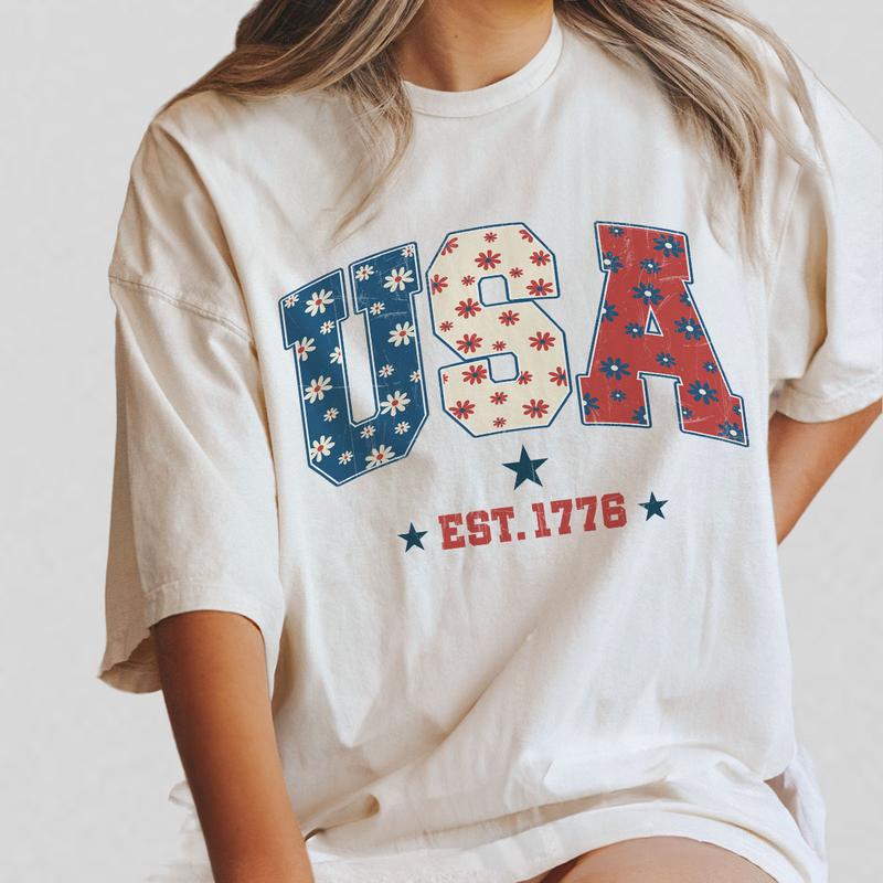 1776 America 4th of July Shirt, USA Floral Flowers Shirt, Comfort Shirt for Women, Retro America Shirt, 1776 Shirt, Comfort Oversized Tshirt, Independ
