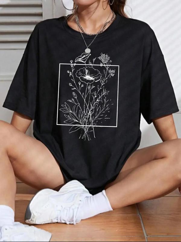 Women's Back To SchoolÂ Floral Print Drop Shoulder Tee, Summer Clothes Women,Â Casual Half Sleeve Round Neck T-Shirt for Summer, Summer Outfits, Graphic