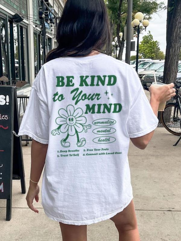 Women's Cartoon Letter & Floral Graphic Print Round Neck Tee, Summer Clothes WomenÂ Casual Fashion Drop Shoulder Short Sleeve T-shirt for Summer, Ladie