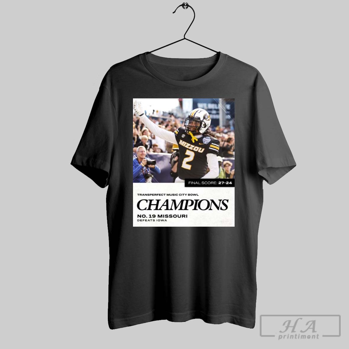 Official No 19 Missouri Tigers Defeats Iowa Hawkeyes Final Score 27 24 Transperfect Music City Bowl Champions Poster T Shirt