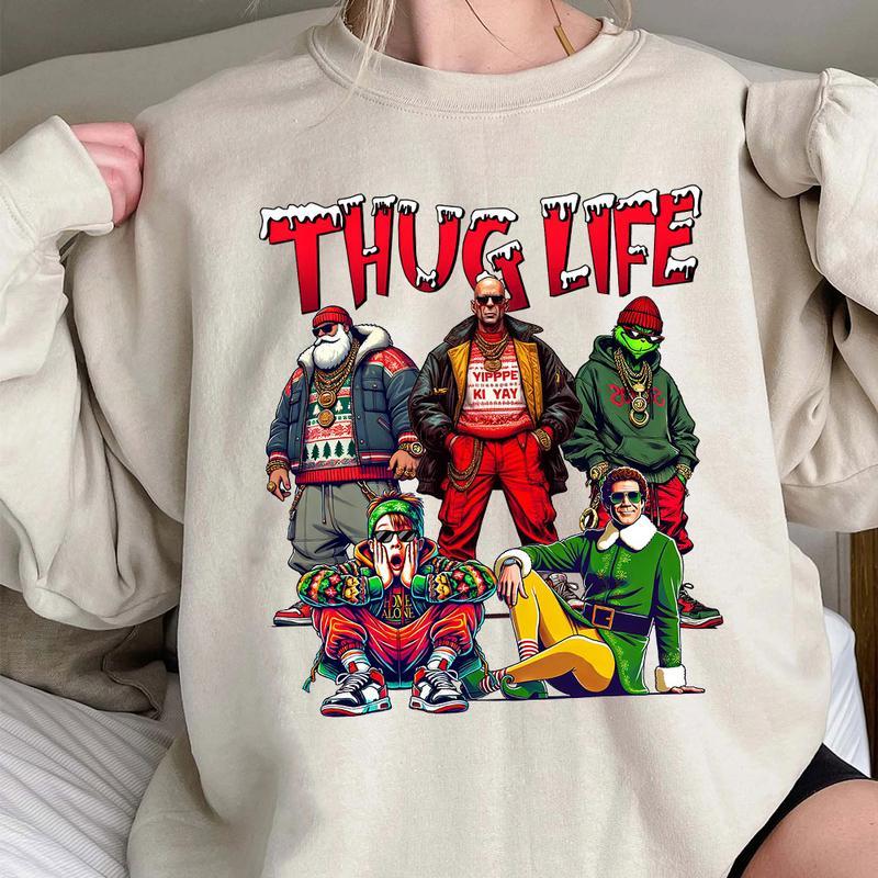 TC01 THUGLIFE Christmas Shirt, Christmas Movies Sweatshirt, Xmas Graphic Tee Casual Collar